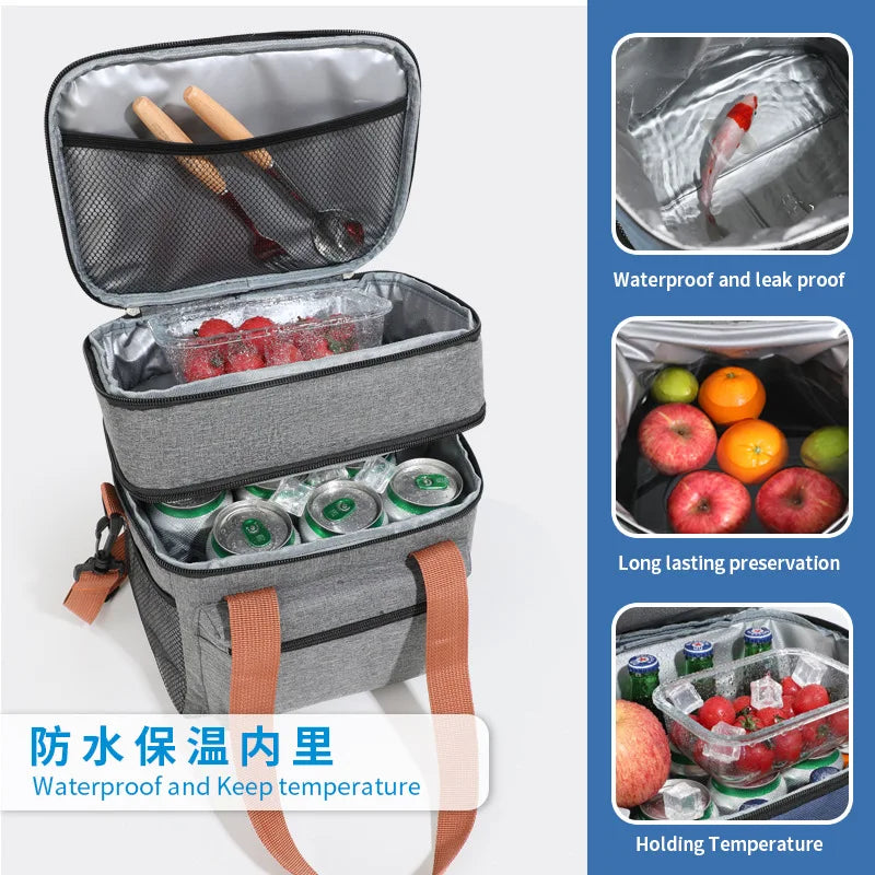 Multifunctional Double Layers Tote Cooler Lunch Bags for Women Men Large Capacity Travel Picnic Lunch Box with Shoulder Strap