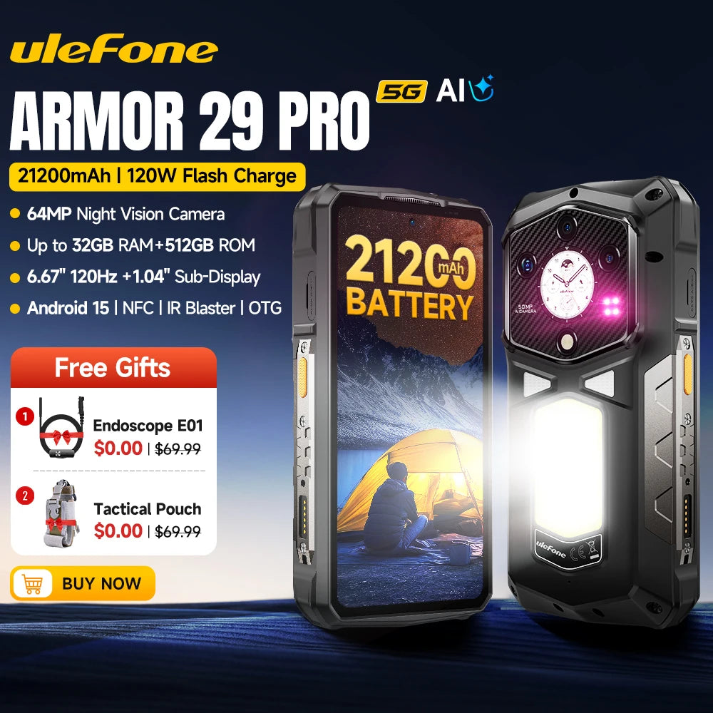 【2025 New】Ulefone Armor 29 Pro 5G Rugged Phone 21200mAh 120W Smartphone Android 15 64MP Night Vision 6.67" 120Hz 512GB ROM NFC