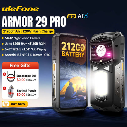 【2025 New】Ulefone Armor 29 Pro 5G Rugged Phone 21200mAh 120W Smartphone Android 15 64MP Night Vision 6.67" 120Hz 512GB ROM NFC